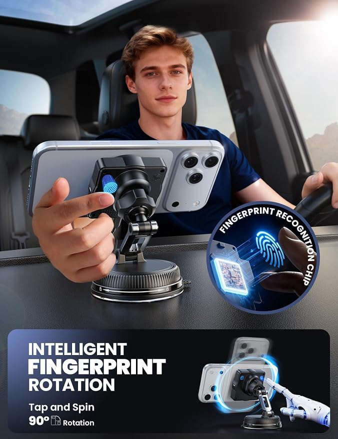 for MagSafe Car Mount Charger, [Smart Fingerprint-Touch Rotation] 15W MagSafe Wireless Car Charger[Vacuum & Gel 360° Base] Air Vent Dashboard Set for iPhone 17 16 15 14 13 12 Series, Black