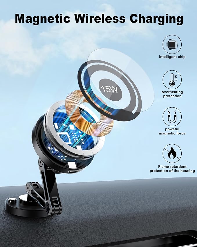 Magnetic Wireless Car Mount Charger, 15W Fast Charging for MagSafe Car Mount,Magnetic Car Phone Holder Mount, Car Cell Phone Holder Fit iPhone 17 16 15 14 13 12 All Smartphones