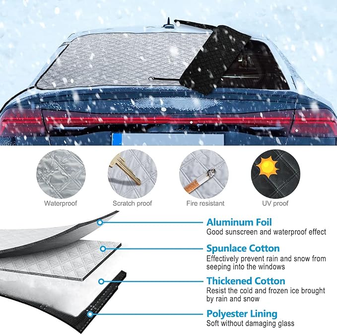 Car Rear Windshield Snow Ice Cover, Windproof Rear Windscreen Snow Cover with 2 Elastic Hooks, 4 Magnets, All-Weather Waterproof Winter Ice Frost Snow Protector for Most Sedans Cars