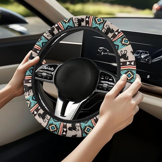 Aztec Horse Blue Car Steering Wheel Cover Universal 15 Inch Steering Wheel Wrap Anti-Slip Soft Elastic Decorative Auto Accessories All Weather Protection