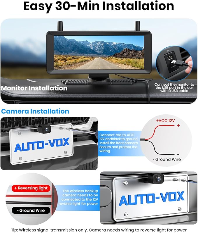 2 Wireless Backup Camera: 7.2" USB-Powered Dual Split-Screen 1080P HD Monitor with DVR Recording, Front and Rear Coverage, Stable Signal, Back Up Camera for Pickup, Trailer, SUV