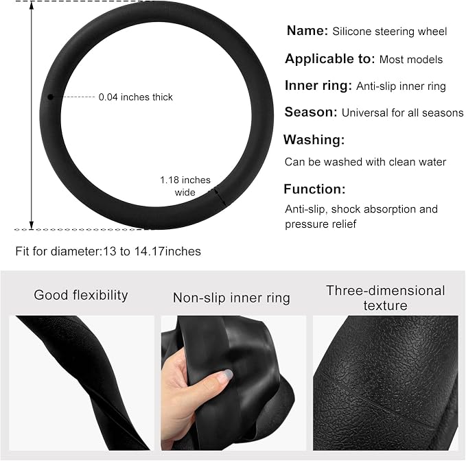 Car Steering Wheel Cover, 13 to 14.17 inches Anti-Slip Silicone Steering Wheel Protector, Soft Flexible Shock-Absorbent Steering Wheel Protective Cover for Most Car Models (Black)