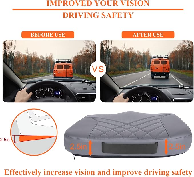 Premium Car Seat Cushion, Memory Foam Driver Seat Cushion to Improve Driving View- Coccyx & Lower Back Pain Relief - Seat Cushion for Car, Truck, Office Chair (Leather Gray)
