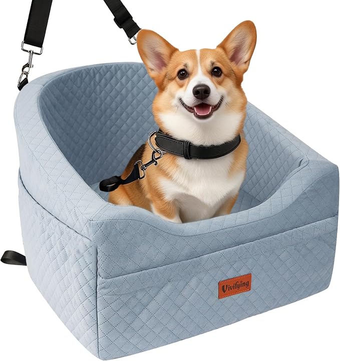 Dog Car Seat for Small & Medium Dogs, Detachable & Washable Booster Seat for Pets Up to 30lbs, Travel Bed with Storage Pockets and Safety Belt – Gray