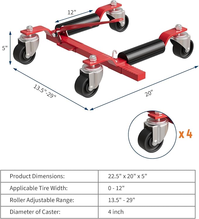 Car Wheel Dolly Jack Set of 4, Mechanical 6000lbs Vehicle Skates, 12'' Wheel Dollies Positioning Jack, Heavy Duty Rollers with Ratcheting Foot Pedal for for Tire Repairing, Vehicle Moving, Red