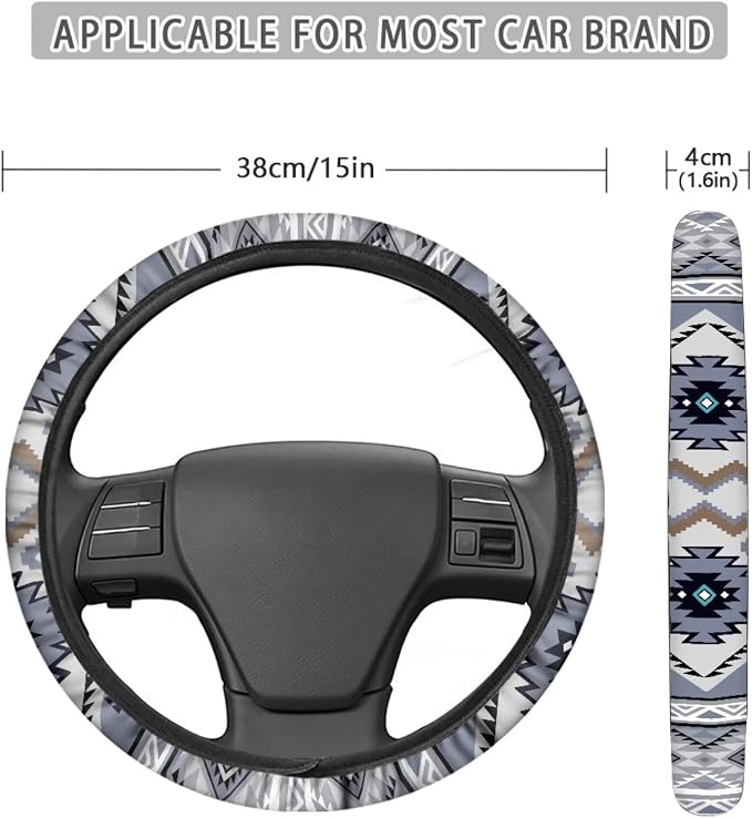 Auto Steering Wheel Cover for Women Men, Universal 15 Inch Soft Elastic Steering Wheel Wrap Anti-Slip Easy to Install Car Accessories, Southwest Aztec Blue Gray