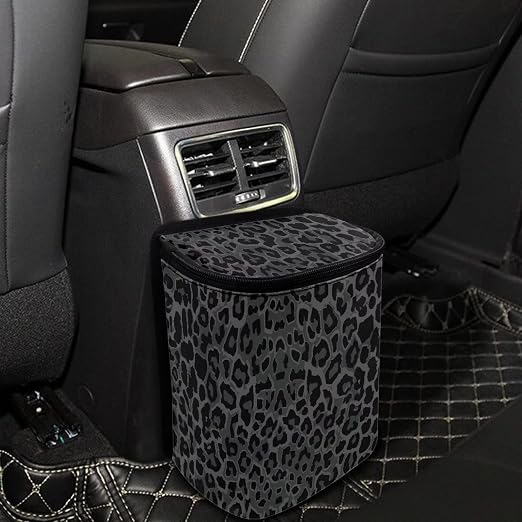 Black Leopard Print Car Trash Can with Lid, Leak Proof Auto Trash Bag Hanging Vehicle Garbage Can Multipurpose Storage Container for Back Seat Road Trip