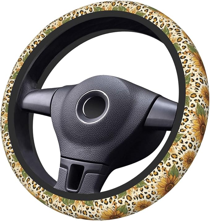 Sunflower Leopard Print Steering Wheel Cover, 15 Inch Universal Fit Neoprene Car Protector, Anti-Slip & Durable Auto Interior Accessory for Men and Women