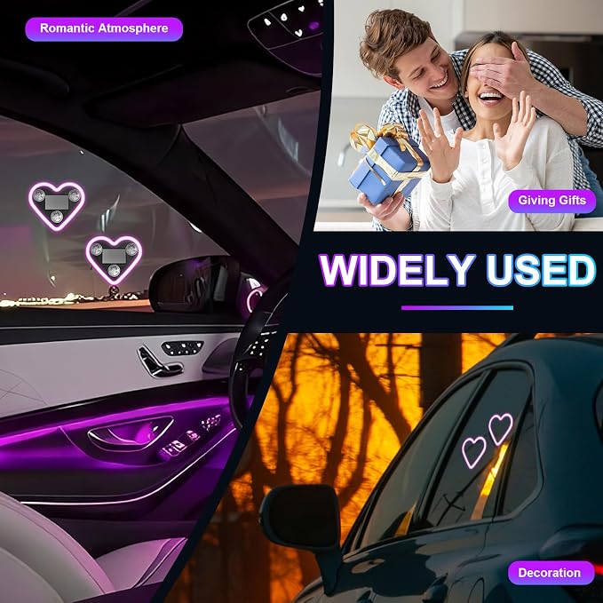 Heart-Shaped LED Neon Light | Solar and USB Rechargeable | 1 Pcs Pink & 1 Pcs Blue Car Interior Lights with Suction Cups | 40 High-Brightness LEDs Car Ambient Light, 5 Modes