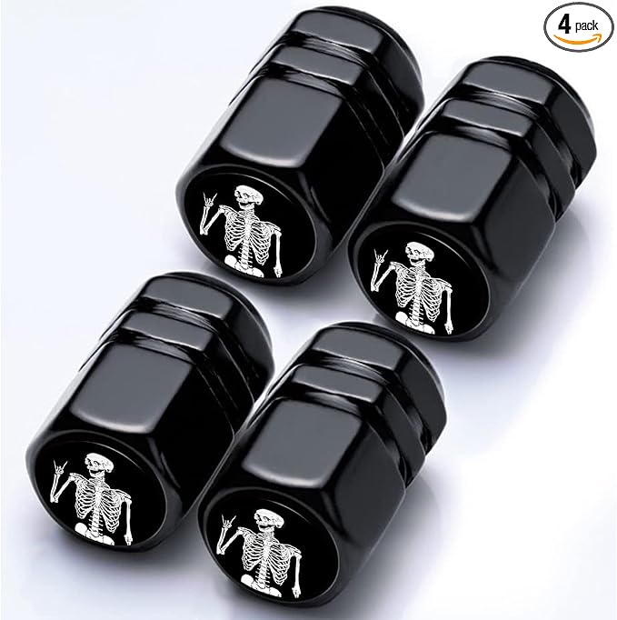4Pack Skeleton Tire Valve Caps Universal Tire Air Cap Valves Stem Covers | Aluminum Alloy Rust-Proof Valve Stem Caps, for Auto SUV Truck Motorcycle Bicycle, Terror Skull Gifts for Women Men Drivers