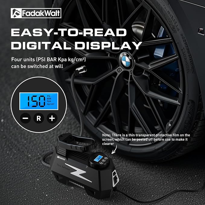 Tire Inflator Portable Air Compressor, 12V DC Car Air Pump with Auto Shutoff, 150 PSI Digital Gauge, LED Light, Metal Valve Connector, Accessories for Cars, Large, Sliver