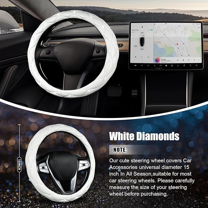 Steering Wheel Cover, Auto Cute PU Diamond Bling Breathable Soft Comfort Leather Car Interior Accessories Sparkly Fit Most O-Shaped Steering Wheels for Women Men (White)