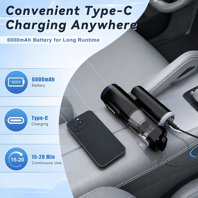 Handheld Car Vacuum Cleaner, Cordless with Brushless Motor, 120W, 3-in-1 Vacuum, Blow and Inflate, Multiple Nozzle Attachments