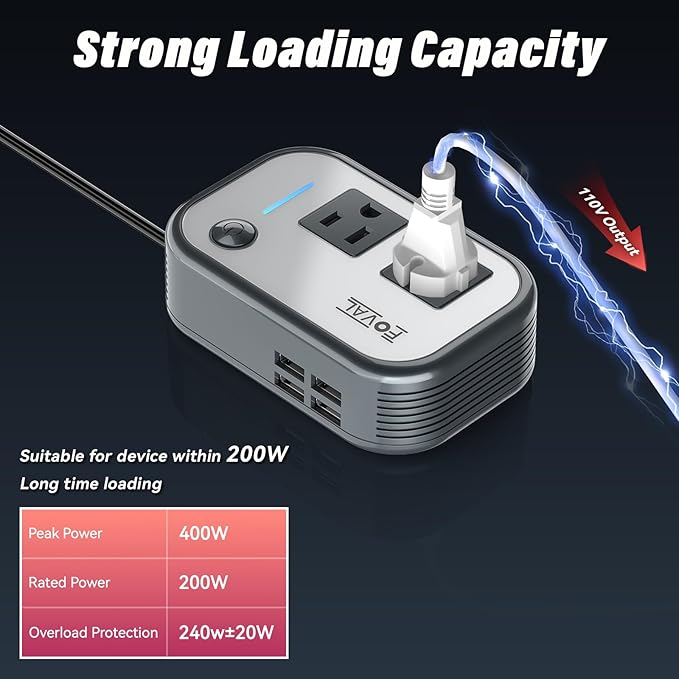 200W Car Power Inverter, 12V DC to 110V AC Car Inverte with 4 USB Ports Car Outlet Adapter, Power Inverter for Vehicles, Car Plug Adapter Outlet for Laptop Computer Charger (Gray)