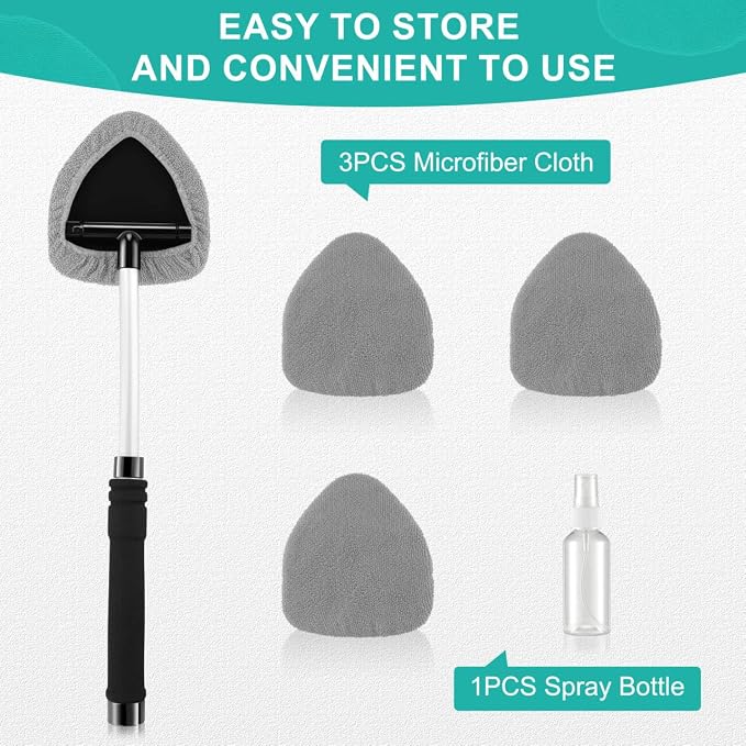 Windshield Cleaner Tool, Car Interior&Exterior Window Cleaning Tool with Extendable Handle & 4 Reusable Microfiber Pads, Auto Glass Wiper Brush Kit for Cars (Grey)