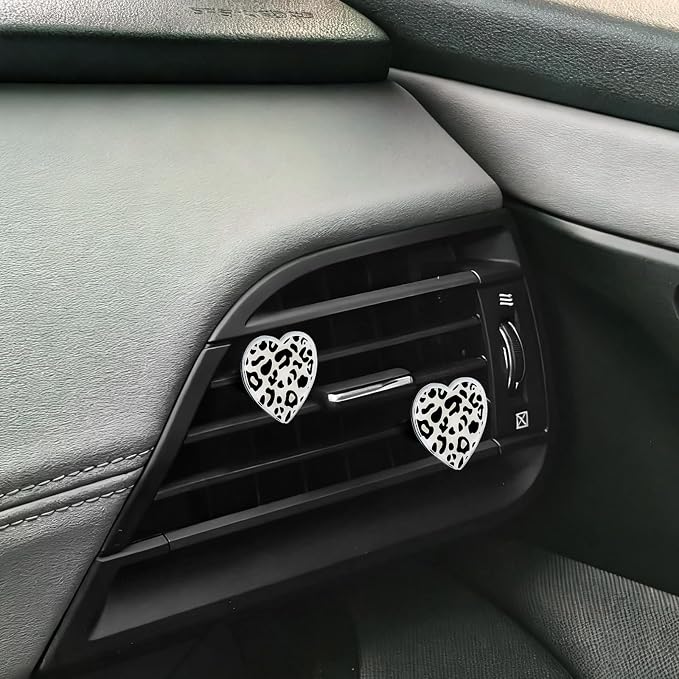 Cow Print Car Accessories Set for Women and Teen Girls – Cute Tire Valve Stem Caps, Heart Air Vent Clips, Bling Car Coasters, Cute Interior Automotive Decor Gift for Female Drivers, Cow Car Decor