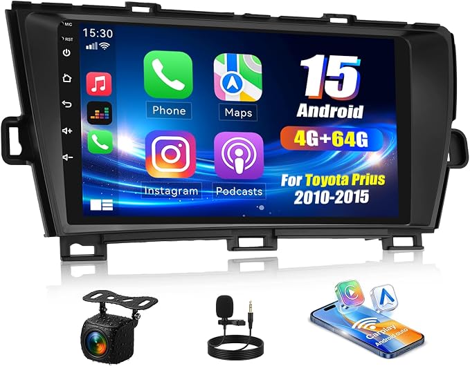 4G+64G Android 15 Car Stereo for Toyota Prius 2010-2015 with Wireless CarPlay Android Auto,9" HD Touchscreen Toyota Prius Car Radio with WiFi,GPS Navigation,Bluetooth,FM/RDS SWC EQ+Backup Camera