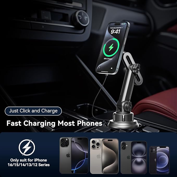 for Magsafe Car Mount Charger, 15W Fast Charging Cup Holder Phone Holder Wireless Magnetic Charger with Heat Dissipation System Only Fit iPhone 16/15/14/13/12 Series