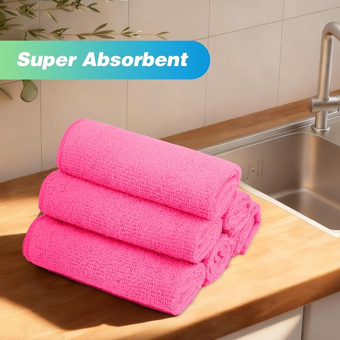 Pink Microfiber Cleaning Cloth, 24 Pack Absorbent Cleaning Rags, Lint-Free, Streak-Free Cleaning Towels for Car Kitchen House, 12"X11"