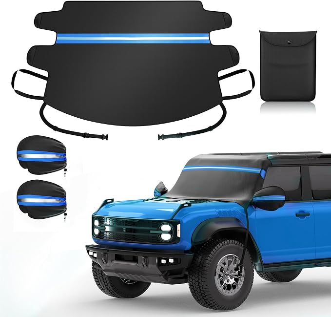 Windshield Cover for Ice and Snow, 600D Windshield Snow Cover with Elastic Strap Buckles, Mirror Covers, Anti-Theft, Frostproof & Windproof, Fits Large SUVs Pickups Trucks Vans (72"x 50")