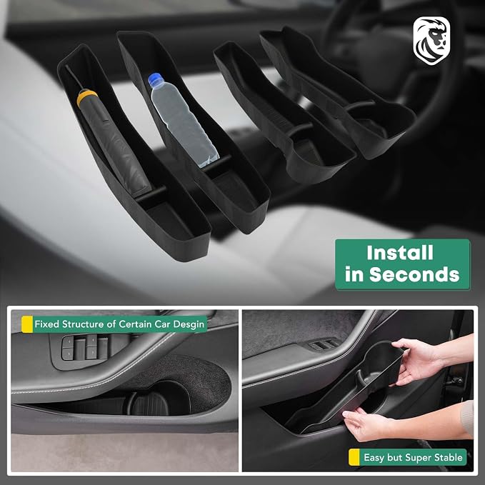 4 Pcs Door Side Storage Box Fit for Tesla Model Y 2020 2021 2022 2023, TPE Car Door Organizer Tray Handle Protector Anti-slip for Front Rear - Black