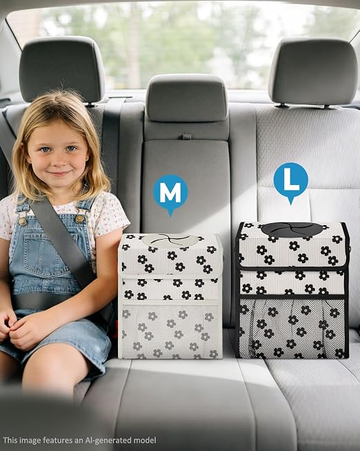 Corduroy Car Trash Can with Lid and Mesh Pockets - Leakproof Organizer,Multipurpose Waterproof Garbage Can/Trash Bin for Car(Off-White Base with Black Floral Print-2 Gallons)