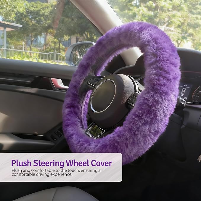 Fluffy Steering Wheel Cover 3PCS Set – Plush Fuzzy Fur Steering Wheel Cover with Gear Shift Cover & Handbrake Cover, Winter Warm Car Accessories, Car Interior Accessories for Women (Purple)