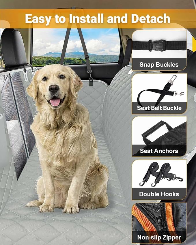 Dog Car Seat Cover, Heavy Durable Dog Seat Cover for Back Seat, 100% Waterproof Scratch Proof Nonslip Dog Hammock for Car with Side Flap, Pet Back Seat Covers Large 60" W x 64" L
