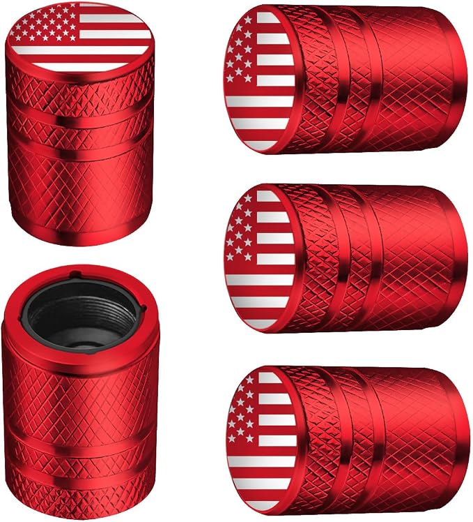 American Flag Tire Valve Stem Caps - (5 Pack) Metal Air Caps with Plastic Liner, Corrosion Resistant, Leak-Proof, Universal Stem Covers for Cars Trucks Motorcycles and Bikes - Red