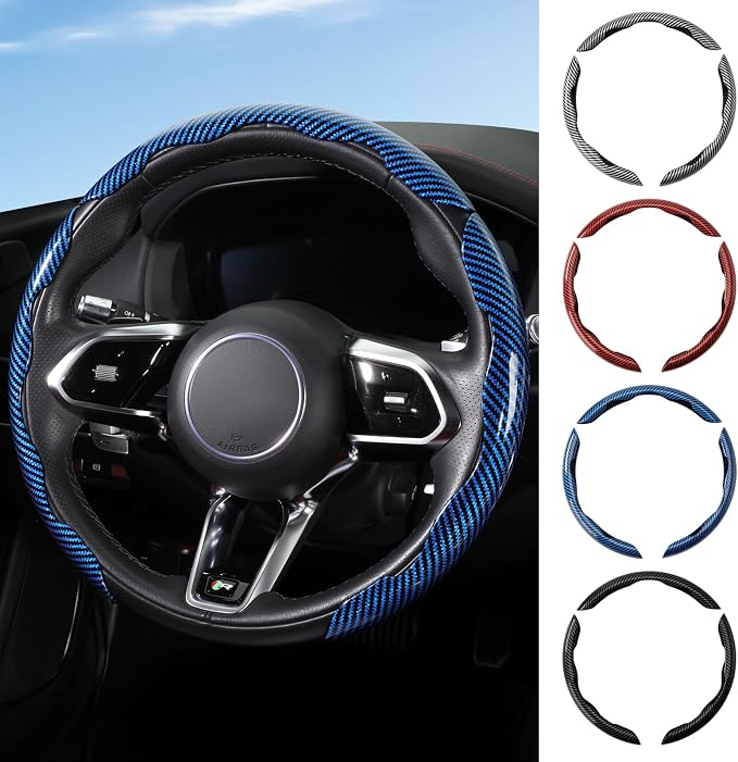 Universal Steering Wheel Cover,Carbon Fiber,3pcs Set(blue) | Clip-On Segmented Fit;Carbon Fiber Look;Fits Most 14-16 in Round or D-Shaped Wheels;Easy Wipe Clean;Non Slip;4 Colors