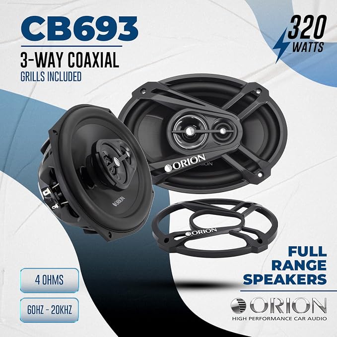 ORION Cobalt Series CB693 6x9” 3-Way Coaxial Car Speakers, 320W, 4 Ohms, Full Range, Enhanced Bass, Polypropylene Cone & Butyl Rubber Surround, Easy Install, Grills Included (Pair)