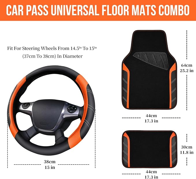Leather Steering Wheel Cover and Waterproof Car Floor Mats,Microfiber Universal Car Combo Fit for 95% Sedan SUV Van Truck,14.5-15inch Sporty Anti-Slip Safety Comfortable Design, Black＆Orange