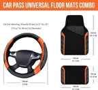 Leather Steering Wheel Cover and Waterproof Car Floor Mats,Microfiber Universal Car Combo Fit for 95% Sedan SUV Van Truck,14.5-15inch Sporty Anti-Slip Safety Comfortable Design, Black＆Orange