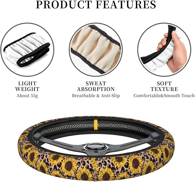 Elastic Car Steering Wheel Cover,Yellow Sunflowers Leopard Print Protector Upgrade Thicken,Anti Slip Soft Car Interior Decor for Diverse Cars Truck SUV for Men Women Universal 15 Inch