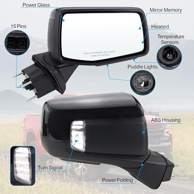 Right Passenger Side Mirror Compatible 2019-2025 Chevy Silverado 1500 With Power Folding Heated Turn Signal Puddle Lights Mirror Memory Temperature Sensor Black Replace#84309684(15Pins)