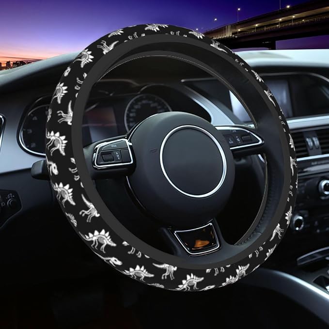 Dinosaur Skeleton Fossil Primitive Halloween Steering Wheel Cover Car Accessories Cute for Women Girls Girly Universal 15 Inch Neoprene Auto Interior Decor Anti Slip Car Truck Protector