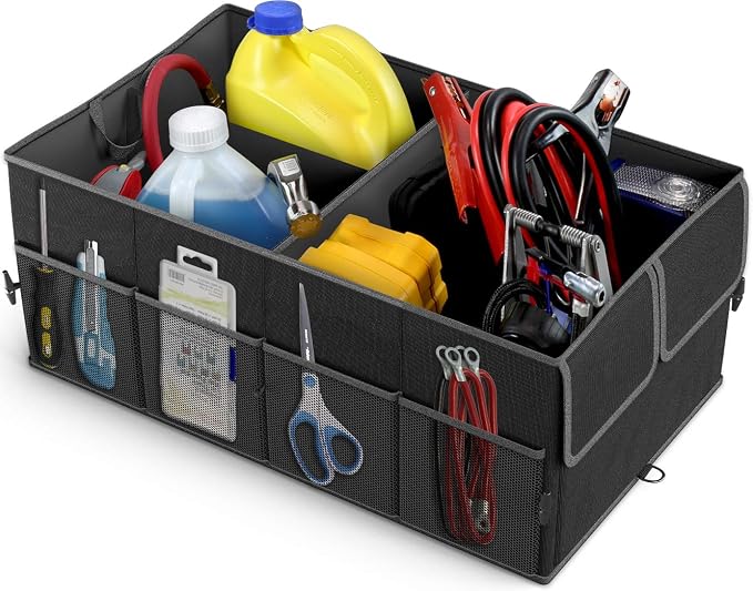 Foldable Car Trunk Organizer for SUV, 3-Compartment, Black | with Removable Divider, Side Pockets and Securing Straps
