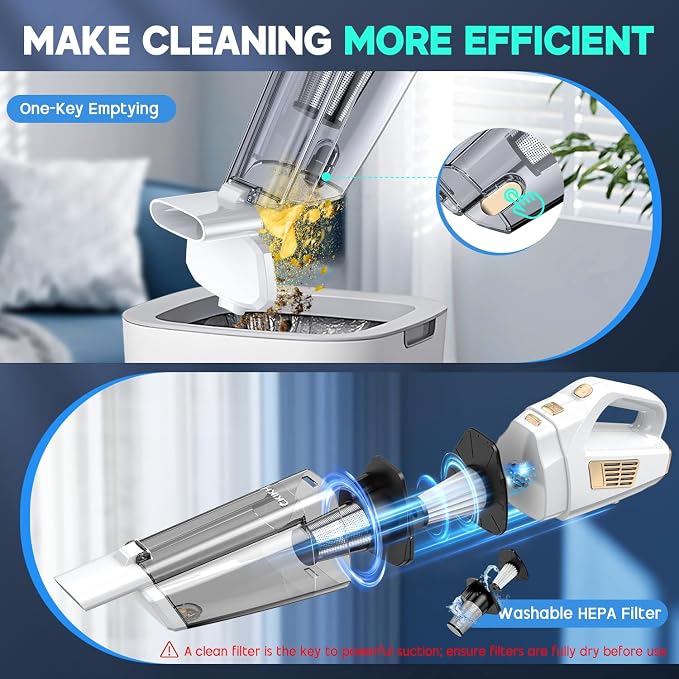Handheld Vacuum Cordless, 15000PA Strong Suction Hand Held Car Vacuum Cleaner Portable with Multi-Nozzles & Washable Filter, Lightweight Rechargeable Vacuum Cleaner for Home, Car, Office, Pets