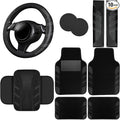 10 Pcs Car Floor Mats Full Set & Sport Leather Steering Wheel Cover 14.5-15 inch, Center Console Cover, Seat Belt Cushion, Cup Holder Coaster, Universal Automobile Interior Sets (Black)