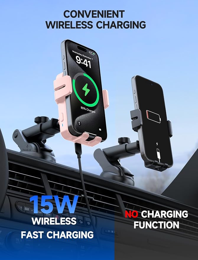 Wireless Car Charger, 15W Auto Clamping Car Charger Dash Windshield Air Vent Phone Holder Compatible with iPhone 16 15 14/13/13 Pro/12 pro/12/11/X/8, Samsung S24/S23/S22, Pink