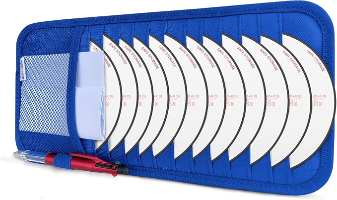 CD Case Holder for Car - Sun Visor Organizer for 12 CD’s/Dvd’s, 1 Mesh Pocket & 1 Horizontal Pen Holder - Safe, Ergonomic Design (Blue)