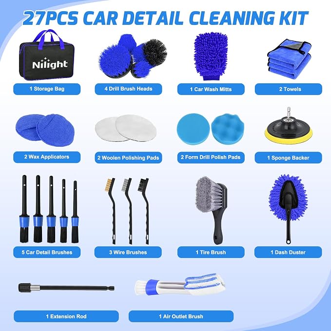 27PCS Car Detailing Kit Auto Cleaning Tools Wash Set with Storage Carry Bag Home Use for Interior Exterior Deep Clean Polish Car Care Windshield Dashboard Seat Air Vents Wheels Tires, Blue