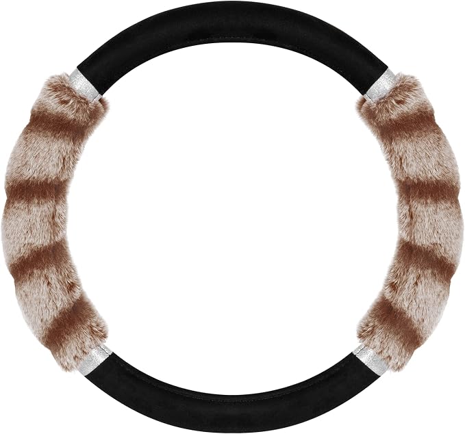 Bear Fur Steering Wheel Cover, Plush Faux Fur Fuzzy Steering Cover for Car Truck Van SUV, Standard Size Fits Wheels 14.5-15 in Diameter, Two Tone Black/Brown with Glitter