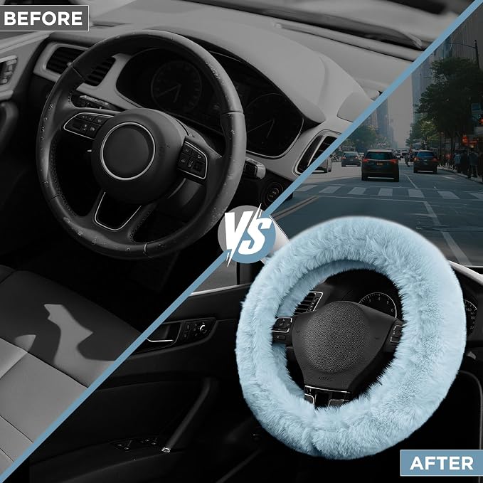 Steering Wheel Cover, Fluffy Car Wheel Covers for Women/Girls/Ladies，Soft Wool Fur Steering Wheel Protector, Universal 14 1/2 inches to 15 inches - Blue