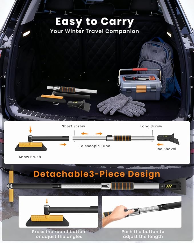 43.7" Extendable Ice Scrapers for Car Windshield for 12 Adjustable Length Settings with Foam Grip and 360° Pivoting Brush Head Detachable Snow Brush for Truck SUV(Orange)