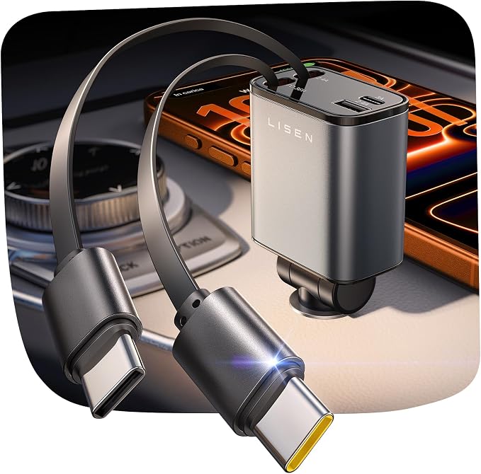 Retractable Car Charger USB C [Upgraded Dual Type C] 75W Fast 4 in 1 Car Charger for iPhone 17, Road Trip Essentials Gifts for Men Women, Car Accessories for Galaxy S26 Phone 17e 16 15 Pro Max