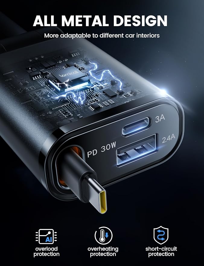 Car Charger USB C for iPhone 17 16 15 Fast Charging [60% More Compact] 57w Type C Retractable Car Charger Fit Samsung Galaxy S25 S24 Ultra Pixel Android, Car Accessories Gifts for Men Women
