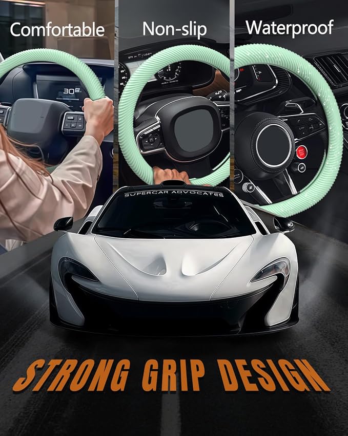 Car Steering Wheel Cover, Thin Anti-Skid Silicone Steering Wheel Cover for Men & Women, Universal Automotive Interior Accessories for Most Cars (Light Green)