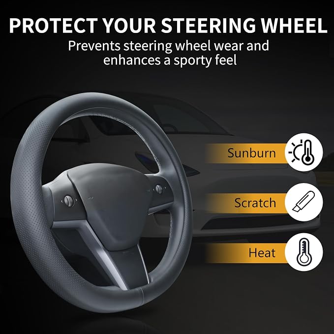 Nappa Leather Steering Wheel Cover Compatible with Tesla Model 3/Y 2016-2025 2026 Juniper/Highland, Non-Slip Breathable Model 3/Y Steering Wheel Protector, Black