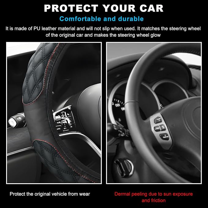 Car Steering Wheel Cover, 15 Inches Non-Slip Leather Steering Wheel Protector, Universal Soft Cover Mats for Car Truck SUV, Interior Car Accessories (Black)